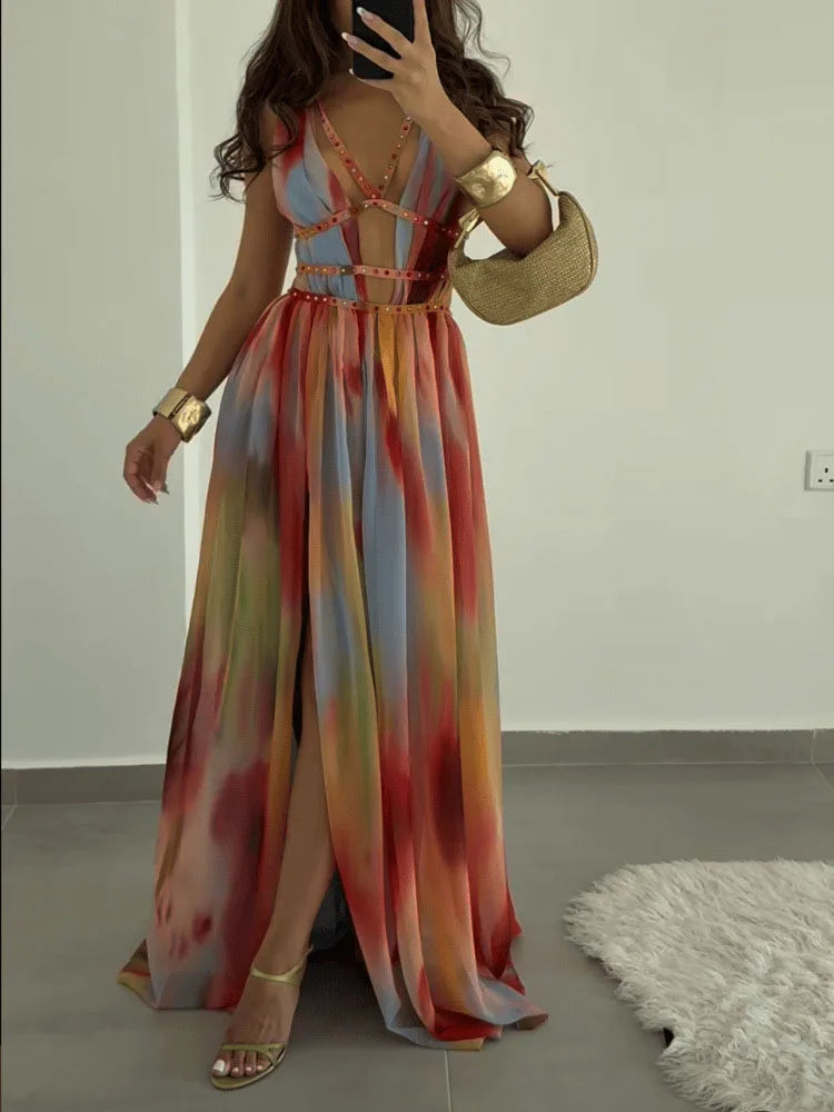 2025 Sexy Split Backless Party Dress Elegant V-neck Hollow Out Beach Long Dress Women Fashion Pattern Print Slim Fit Beach Dress
