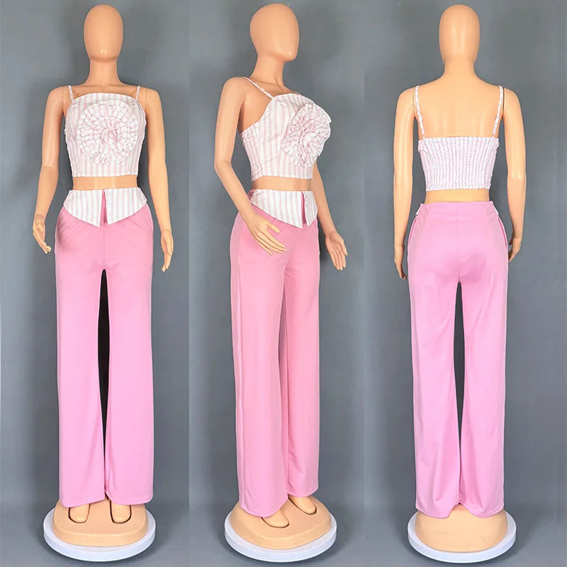CM.YAYA Fashion Women's Set Striped Strap Floral Applique Crop Top and Wide Leg Pants Suit 2025 Two 2Piece Sets Outfit Tracksuit