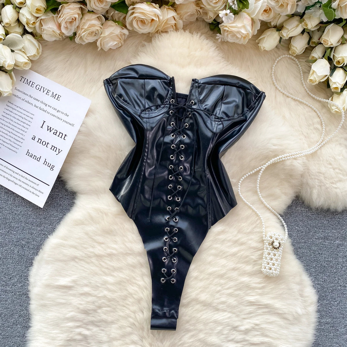 Strapless PU Leather Lace-Up Backless Bodysuit for Women