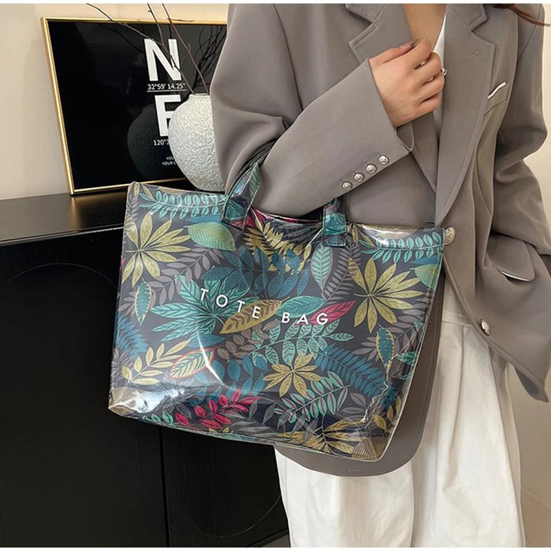 Leaf Print Handbag Pvc Fashion Transparent Waterproof Fashion High-end Shoulder Bag Large Capacity Commuter Tote Bag Shop Bag