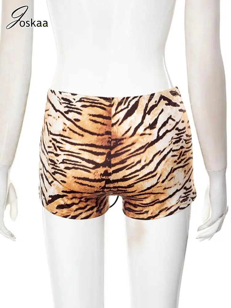 Joskaa Tiger Stripe Print Shorts Women Hipster Sexy Low Rise Bandage Hot Pants 2025 Summer Holiday Party Club Bottoms Streetwear