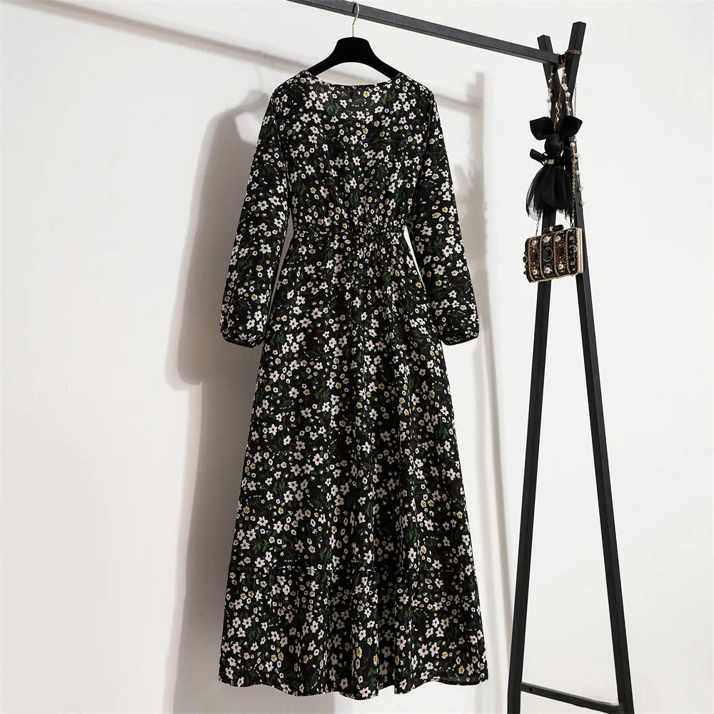 Women Floral Printed Maxi Dresses Spring Summer Casual O Neck Full Sleeve High Waist A Line Boho Beach Party Long Dress Vestidos