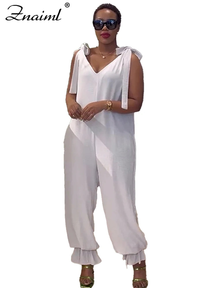 Znaiml Casual Lace-up Bandage Jumpsuit Green Loose Wide Leg Jogger Pants Women V-Neck Sleeveless New In One Pieces Rompers 2025