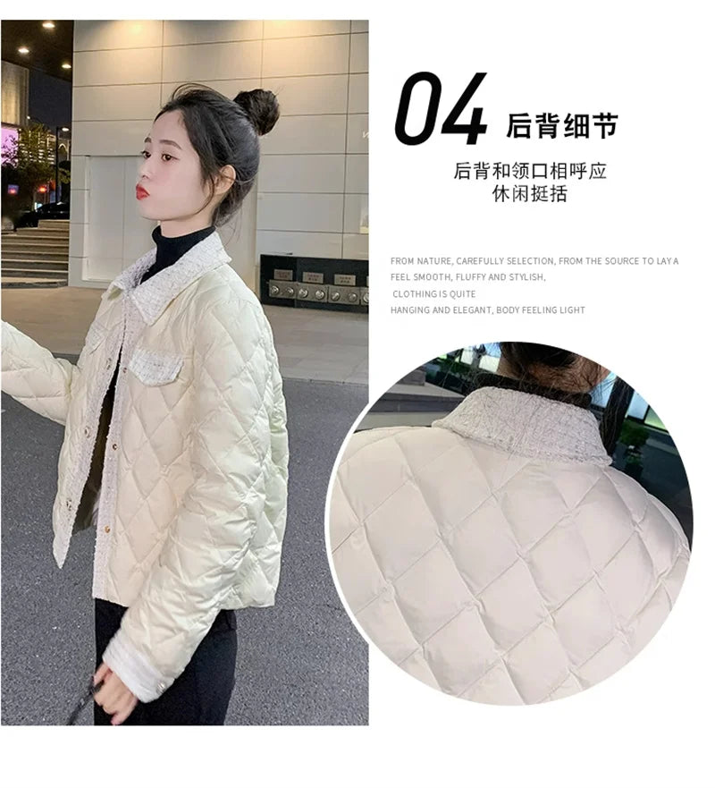 Lightweight Down Cotton Jacket Women's Short Jacket 2023 Winter New White French Style Fashion Women Jackets Patchwork Tweed Coa