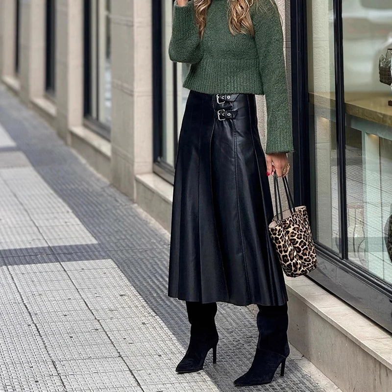 PU High Waist Pleated Women's Long Skirt Fashion Temperament Black Commuting Skirt New 2025 Street Decoration Autumn Half Skirt