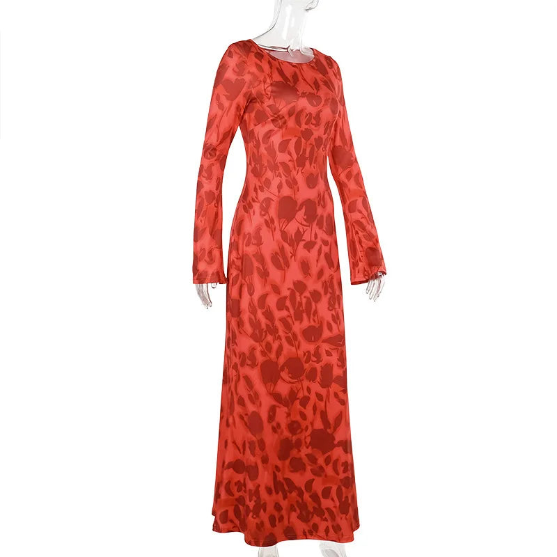 Temperament printed crewneck basic dress female fall style fashion elegant slim dress