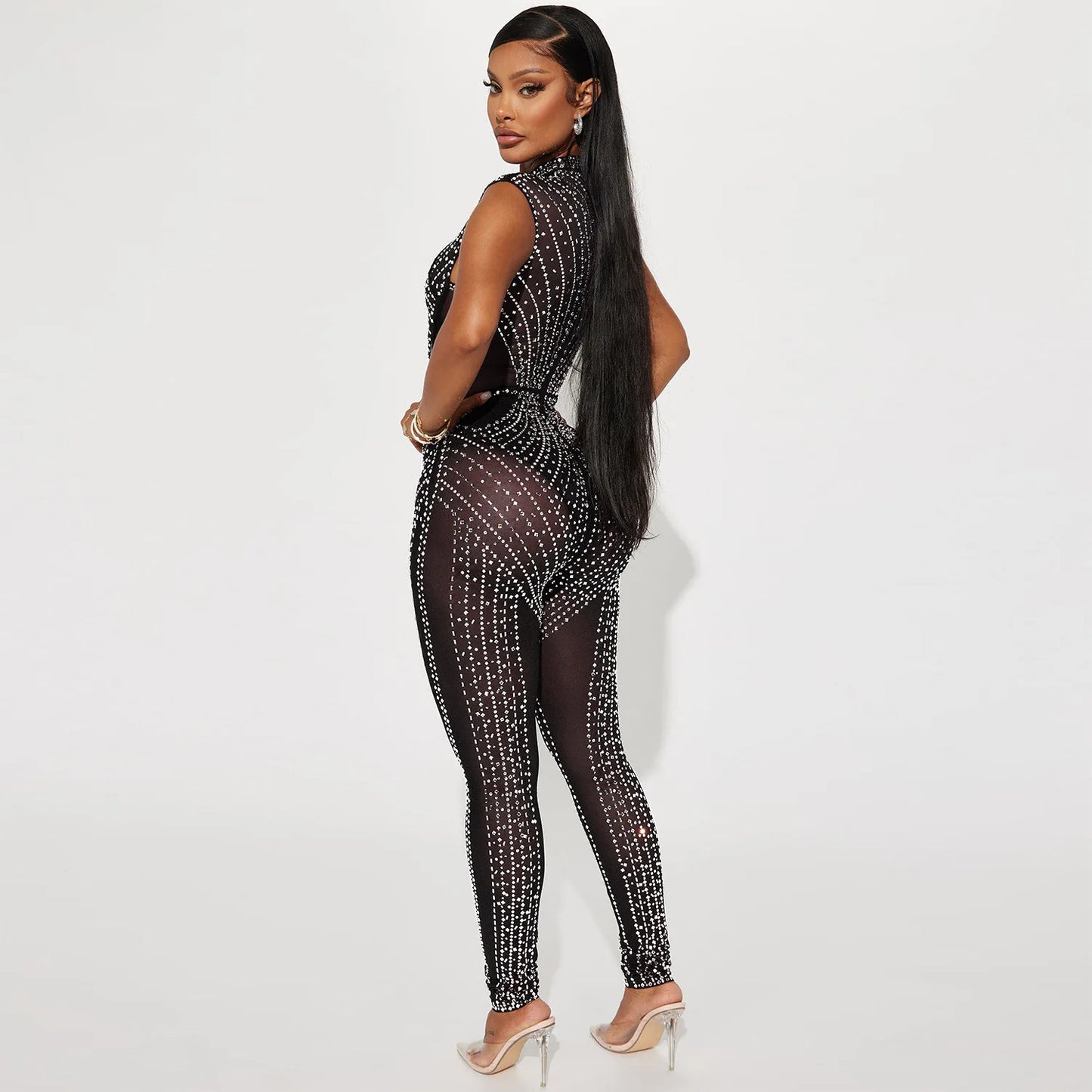 CM.YAYA 2024 Spring/Summer Women Fashion Rhinestone Mesh See Through Sleeveless Jumpsuits Sexy Party Club One Piece Suit Outfits