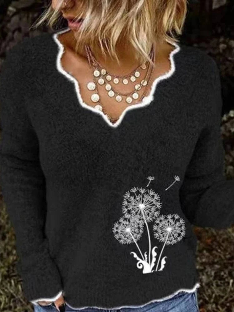 2024 Fall and Winter New Women's Printed Pattern V-neck Sweater Long Sleeve Casual Acrylic Pullover Sweater