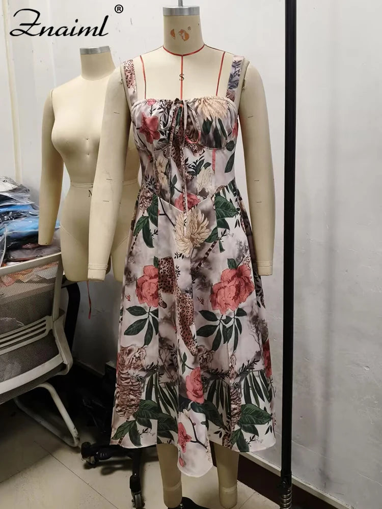 Znaiml Elegant Beach Floral Print A-Line Long Dress Summer Women Sleeveless Off Shoulder Strap Party Vacation Sexy Birthday Robe