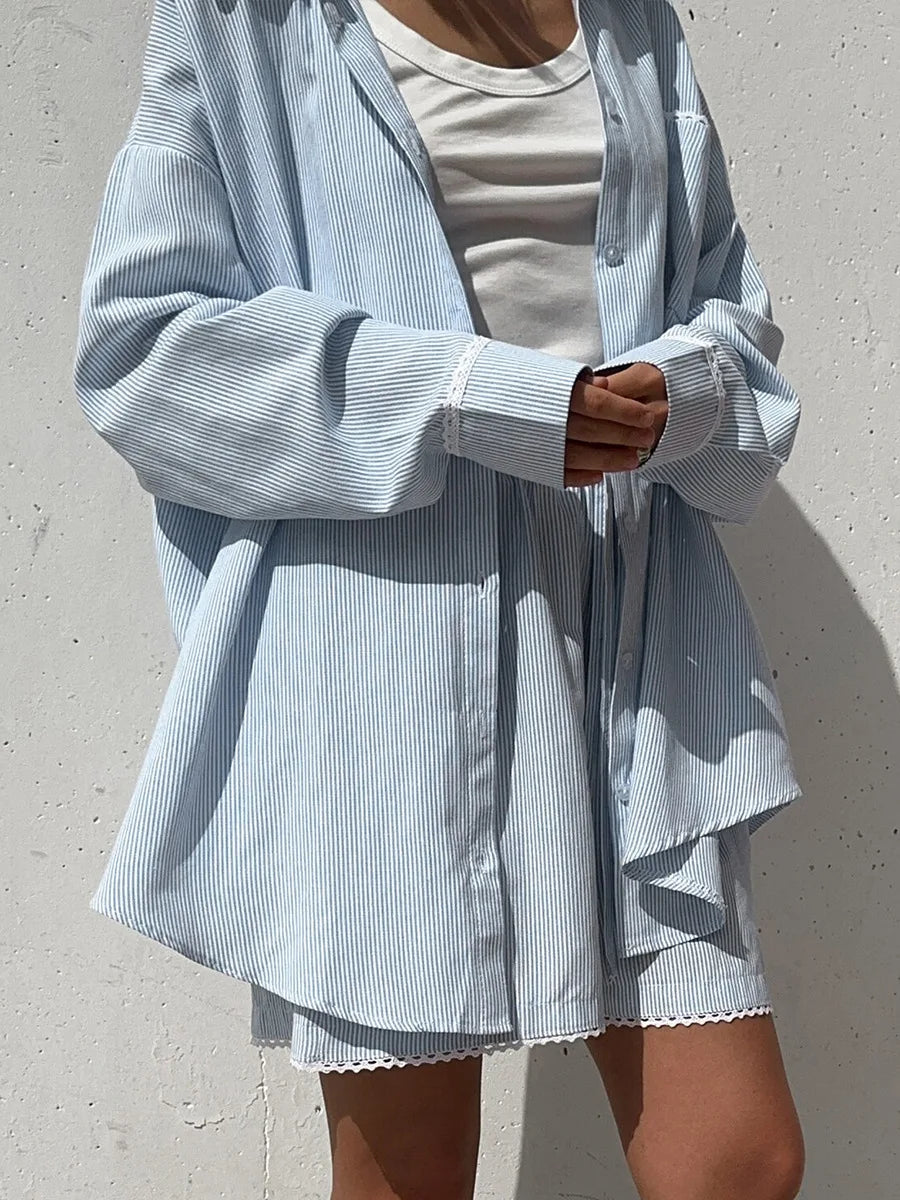 Striped Long Sleeve Cotton Shirt And Shorts Set For Women