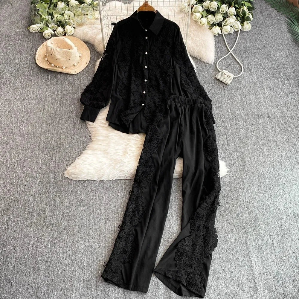 CM.YAYA Fashion Lace Embroidery Patchwork Women's Set Long Sleeve Shirt and Wide Leg Pants 2025 Vacation Two 2 Piece Sets Outfit