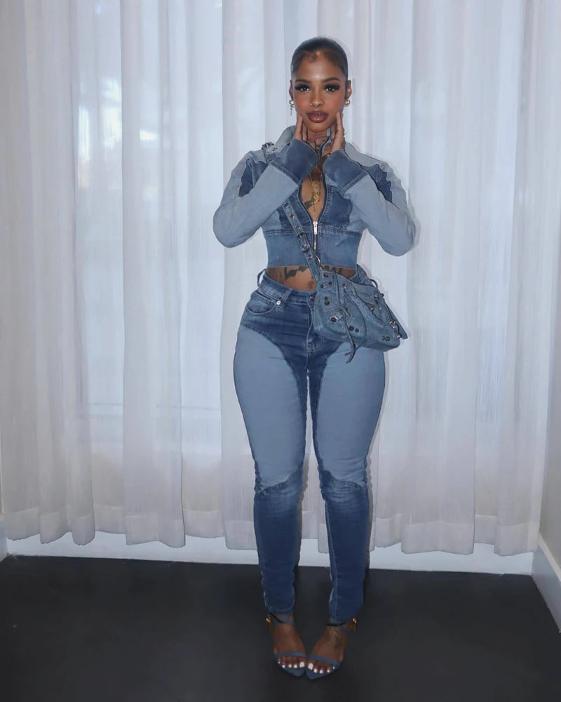 Fashion Two Tone Washed Denim Moto Jacket and Pants 2 Pieces Set for 2025 Fall Woman Casual Jeans 2piece Sets Outfits Streetwear