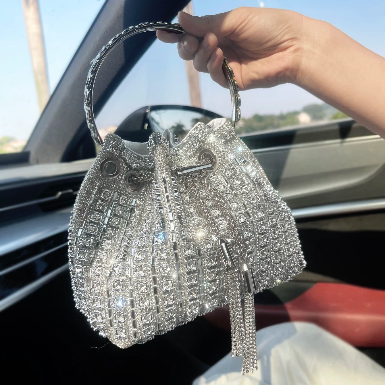Luxury Designer Evening Bags for Women Bucket Clutch Shoulder Bag with Crystal Rhinestone for Banquets