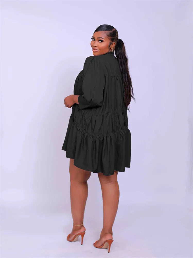 Wmstar Elegant Women Summer Solid Color Short Dress Fashion Long Sleeve High Neck High Waist Clothes Party Casual Mini Dresses