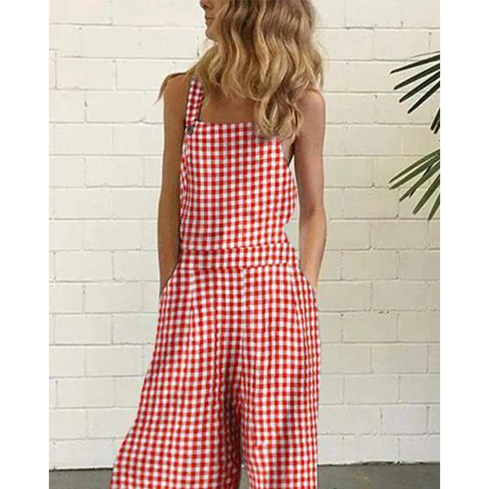 Women All Over Plaid Print Suspender Jumpsuit Summer Buttoned Wide Leg Elegant Jumpsuit Casual One Piece Party Overalls Clothing
