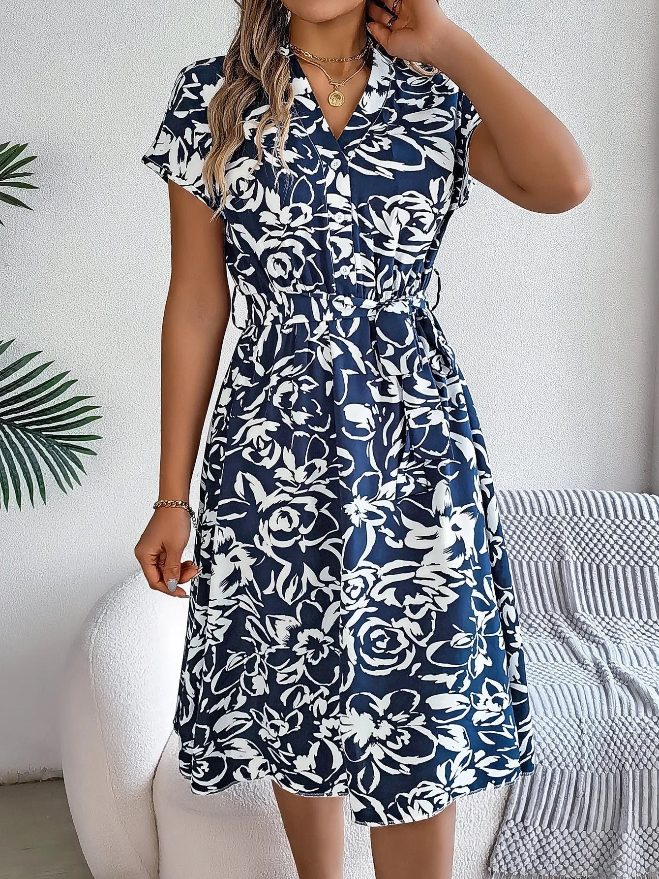 Casual V-neck Button Batwing Sleeve Floral Maxi Dress Spring Summer 2024 Women's Clothing Cross-Border Fashion Dress