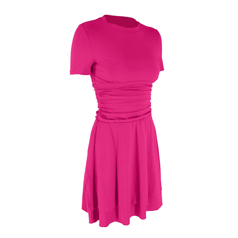 New Dresses Summer Women Sexy Solid A-Line Dress Streetwear Fashion Folds O-Neck Short Sleeve Casual Slim Female Elegant Dresses