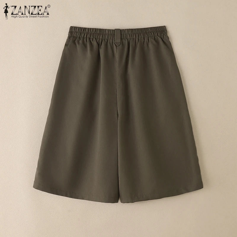 ZANZEA Woman Casual Mid-Length Shorts Elastic High Waist Loose Solid Wide Leg Pants 2025 Summer Holiday Comfort Weekend Shorts