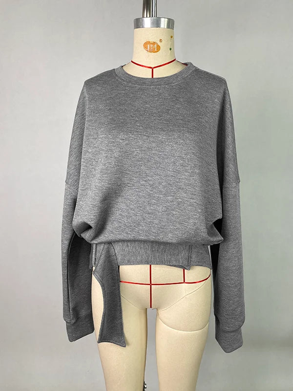 Beautyblue Fall Women's Sweatshirts Tops Female Hoodies 2025 Casual Belt Buckle Solid Color O-Neck Ladies Pullovers Clothing
