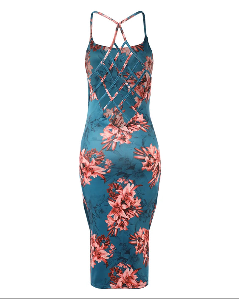Sexy Women Summer Floral Print Fishnet Backless Bodycon Dress U-Neck Slim Fit Spaghetti Strap Midi Blue Dress Vacation Vestido