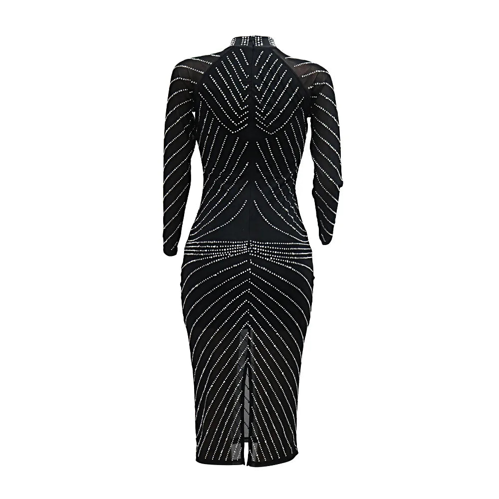 CM.YAYA Women Diamonds Hot Rhinestones Long Sleeve Bodycon Midi Dress 2024 Fall O-neck Evening Club Sexy Party Dresses Vestidos