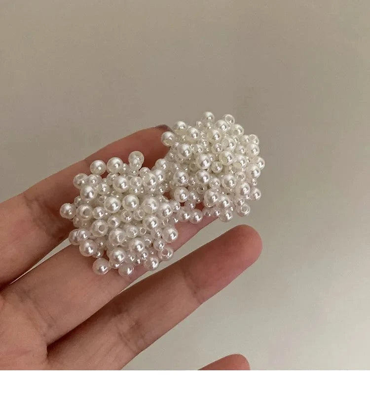 Exquisite Pearl Braided Flower Earrings for Women French Exaggerated Round Brincos Wedding Party Jewelry