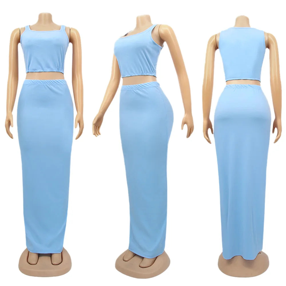 CM.YAYA Women Set Solid Sleeveless Strap Square Collar Crop Tops Stretchy Long Skirts Two Piece Set Sexy Fashion Outfits Summer