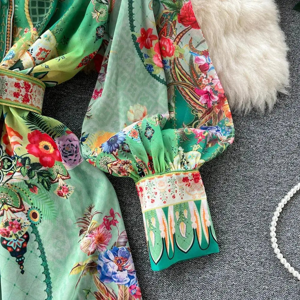 Women's Turtleneck Lantern Sleeve Single Breasted Flower Print Maxi Dress Autumn Bohemian Chiffon Green Belt Holiday Vestidos