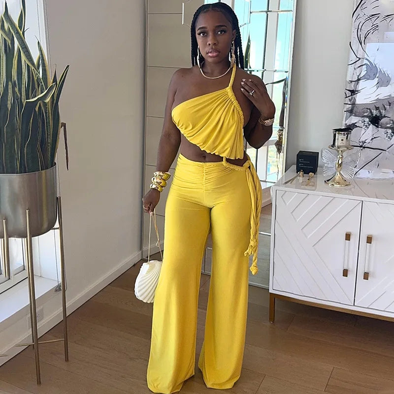 FAGADOER Sexy Ruched Patchwork Bodycon Jumpsuits For Woman Halter Sleeveless Wide-leg Romper Female Streetwear Overalls 2025 New