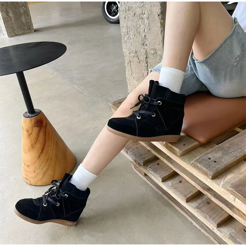 Brand Frosted Splicing Sneakers Women Fashion Versatile Casual High-top Shoes Inner Height Increase Textured Design Casual Shoes