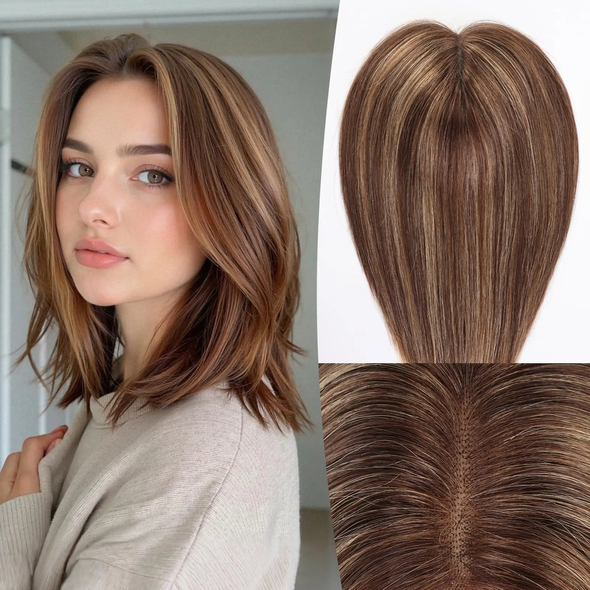 Middle Part Brown Mixed Blonde Human Hair Topper for Women