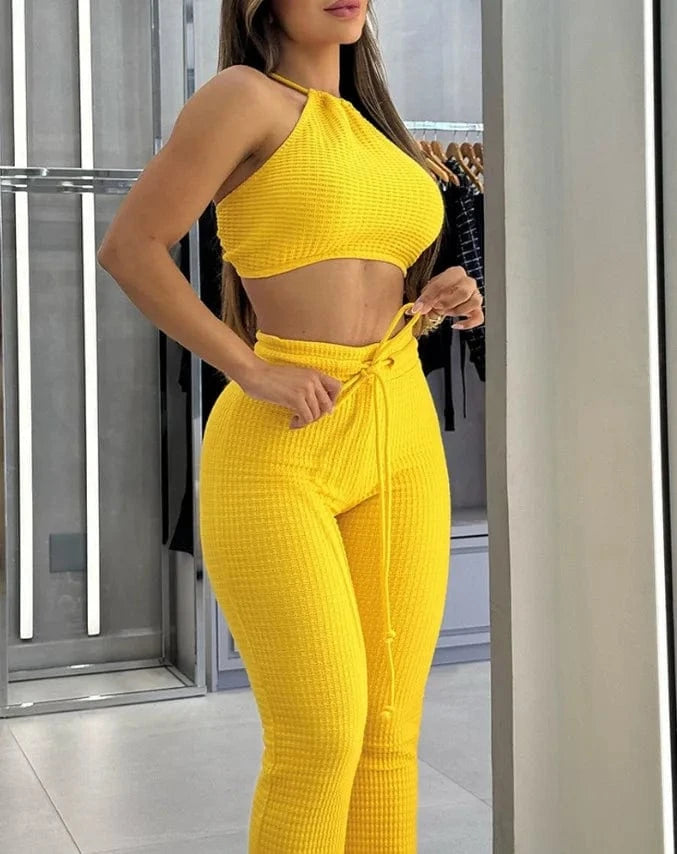 Women's Two-piece Knitted Sexy Suspender High Waisted Fashionable Casual Pants Set for Summer 2025