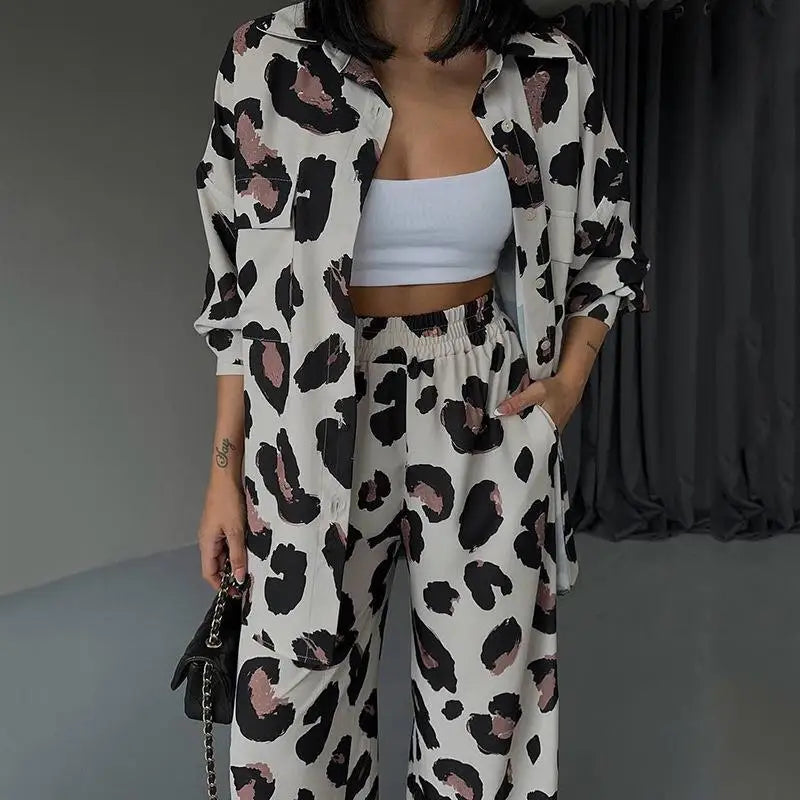 Fashion Leopard Print Women's Two Piece Sets Elegant Casual Button Streetwear Long Sleeve Shirt And Wide Leg Pants 2 Piece Sets