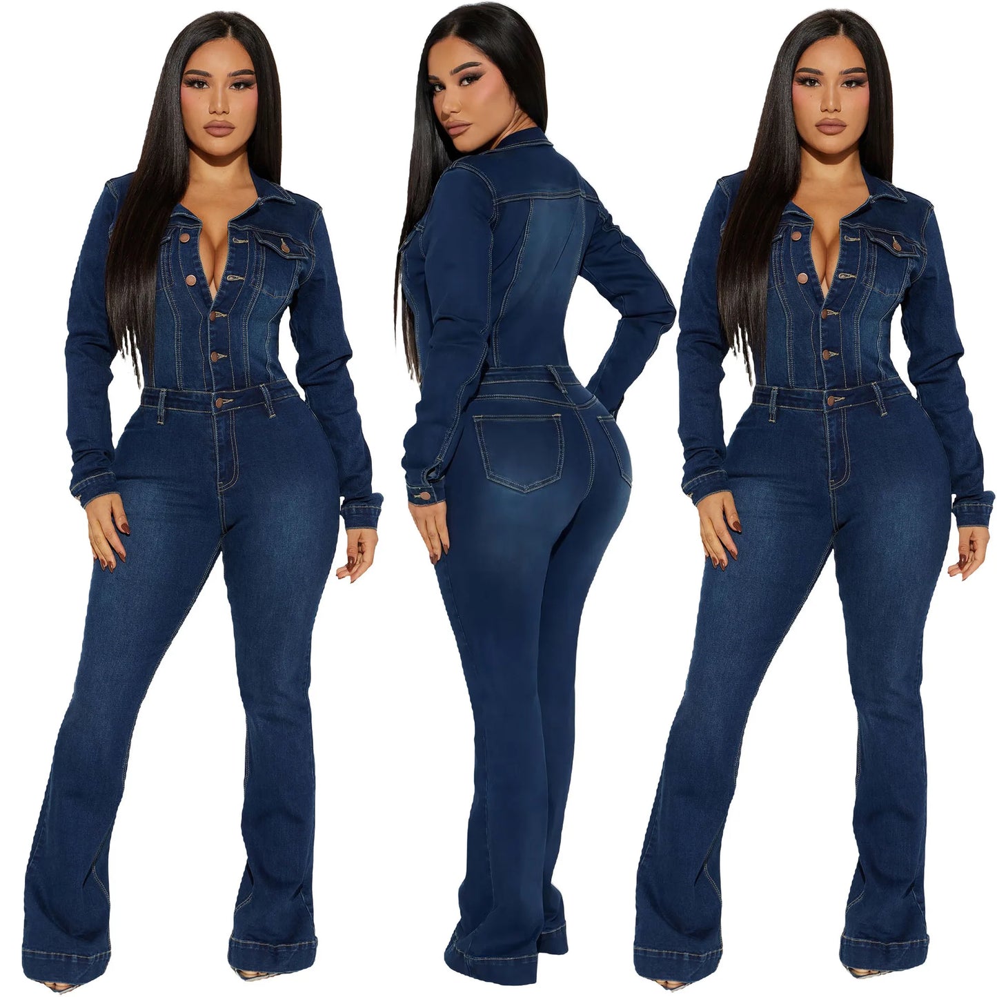 Women Fashion Solid Color Lapel Single-breasted Slim-fit Waist Long-sleeved Denim Jumpsuit Overall Pants
