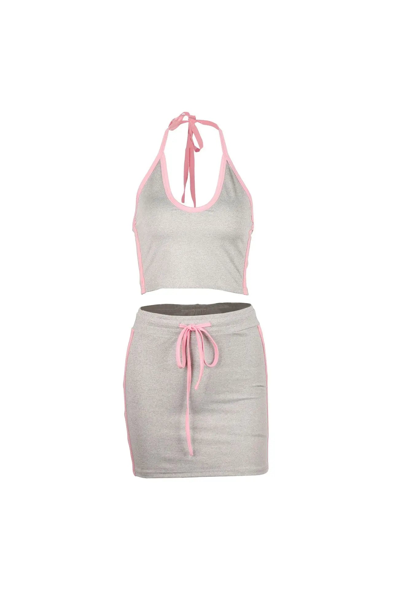 Joskaa 2025 Women's Color Block Sporty Two Piece Set Casual Halter Low-Neck Backless Camisole+Drawstring Skirts Match Tracksuits