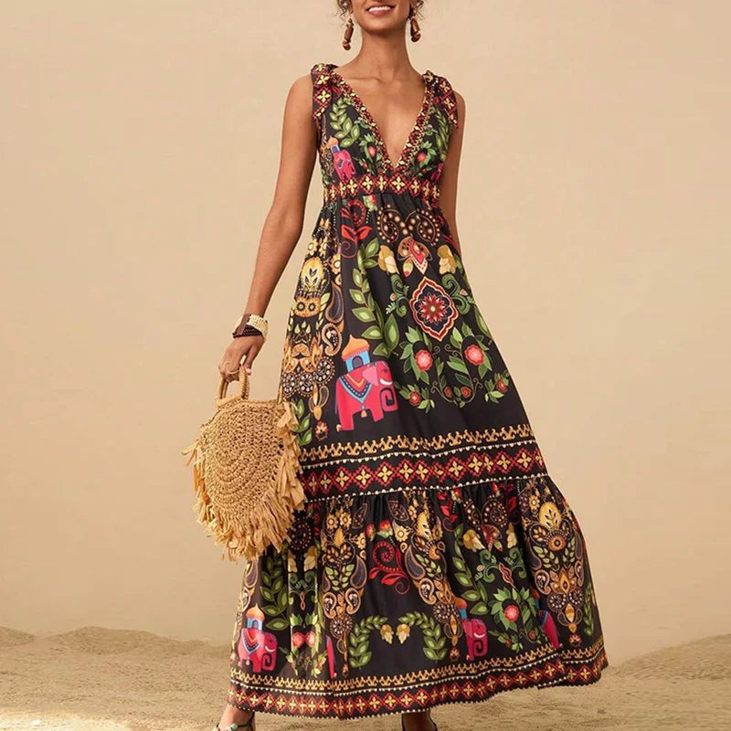 Lady Retro Floral Print Pleated Long Dress Sexy V Neck Hollow Out Sleeveless Beach Dress Casual High Waist Bohemian Summer Dress