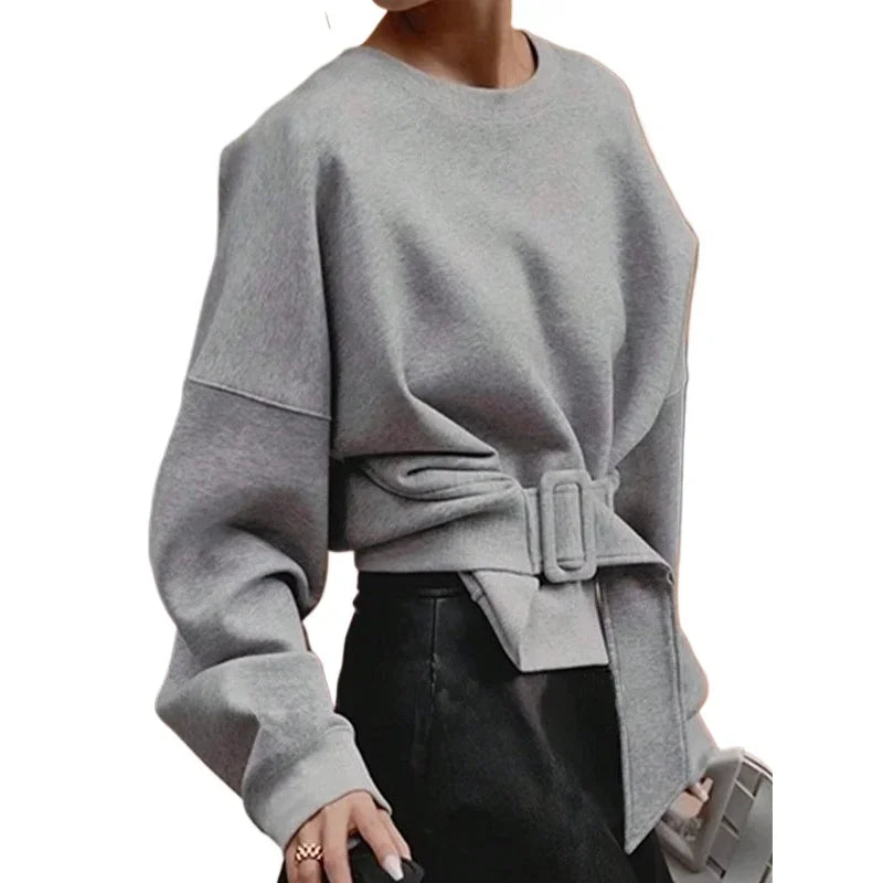 Beautyblue Fall Women's Sweatshirts Tops Female Hoodies 2025 Casual Belt Buckle Solid Color O-Neck Ladies Pullovers Clothing