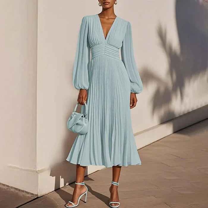 Luxury Dinner Evening Long Dress 2025 Spring Women Club Party Dress Pleated Elegant Dress Female Solid V Neck Clothing