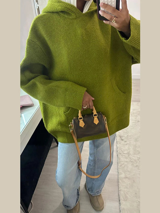 Green Women's Knit Hoodie Coat Full Sleeve Front Pocket  Casual Sweater Top 2025 Early Autumn Loose Female Knitwear Outerwear