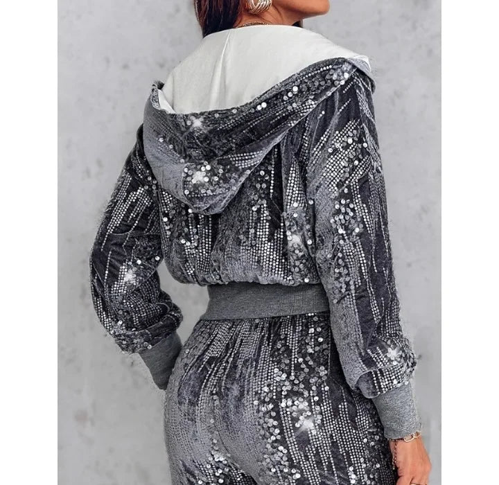 Fashion Sequin Jacket Women Clothing Hooded Y2k Casual Velvet Contrast Daily Long Sleeve Zip Up Coats for Female Streetwear