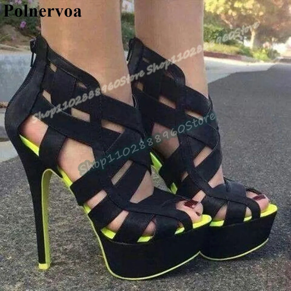 Black Cross Strap Pink Sole Platform Sandals Stilettos High Heel Shoes For Women Back Zipper Peep Toe Casual Party Sandals