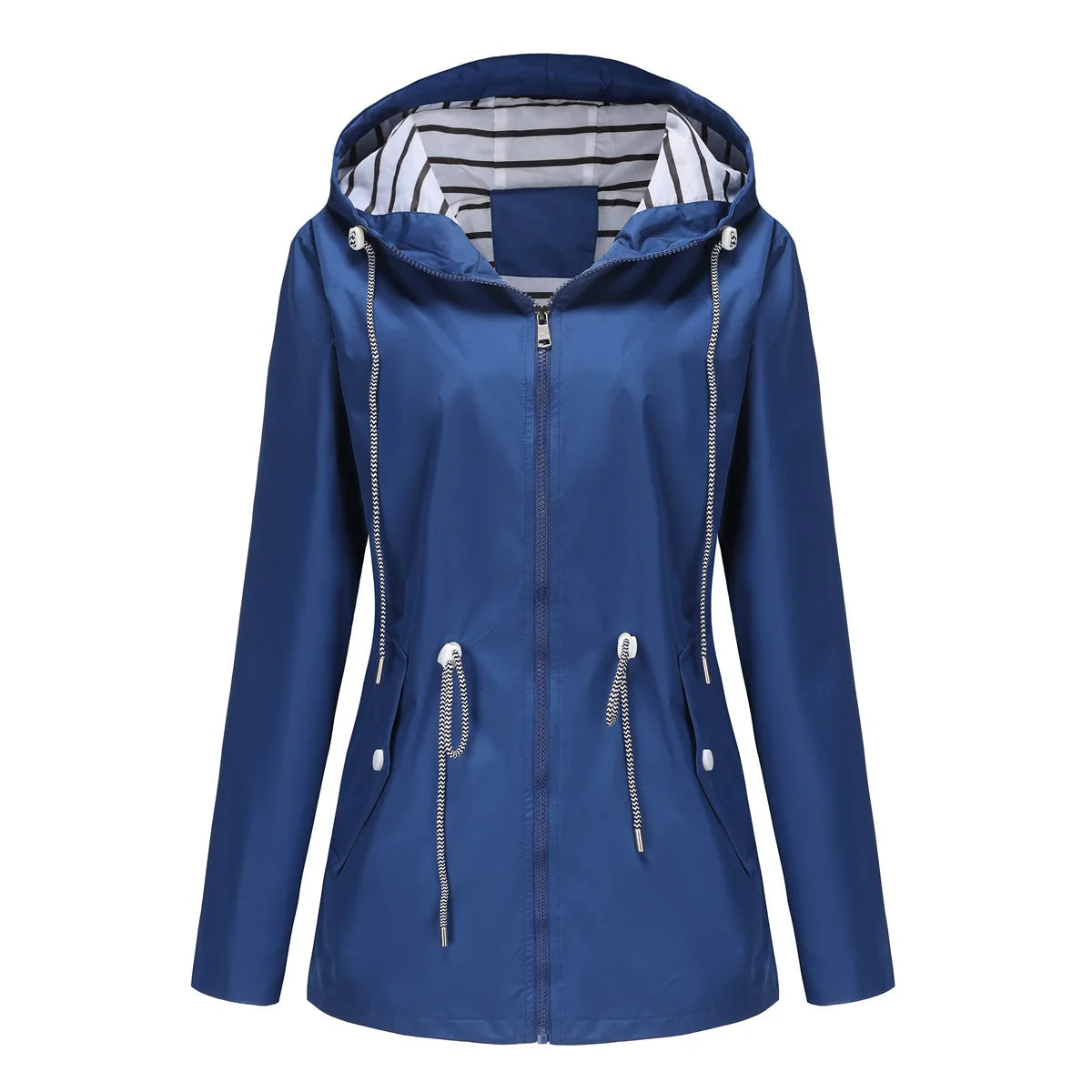 Women Outdoor Windbreaker Casual Loose Hooded Waterproof Raincoat Long Sleeve Solid Color Mid-length Zipper Hiking Jackets
