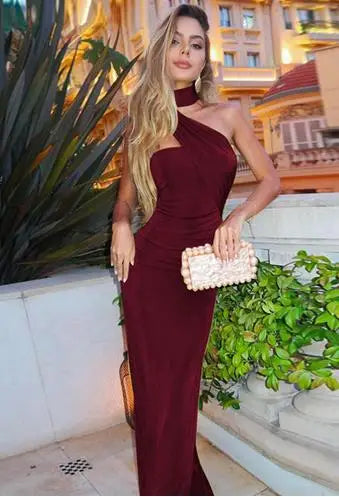 Women Ruched Long Bodycon Dress Slim Solid Color Sleeveless Open Back Halter Neck Dress with Scarf