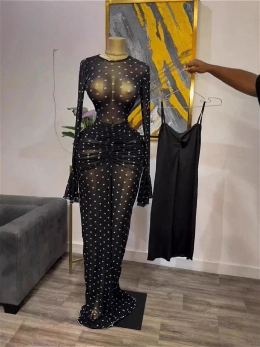 Dotted Strap Maxi Dress With Ruched Sleeves for Women