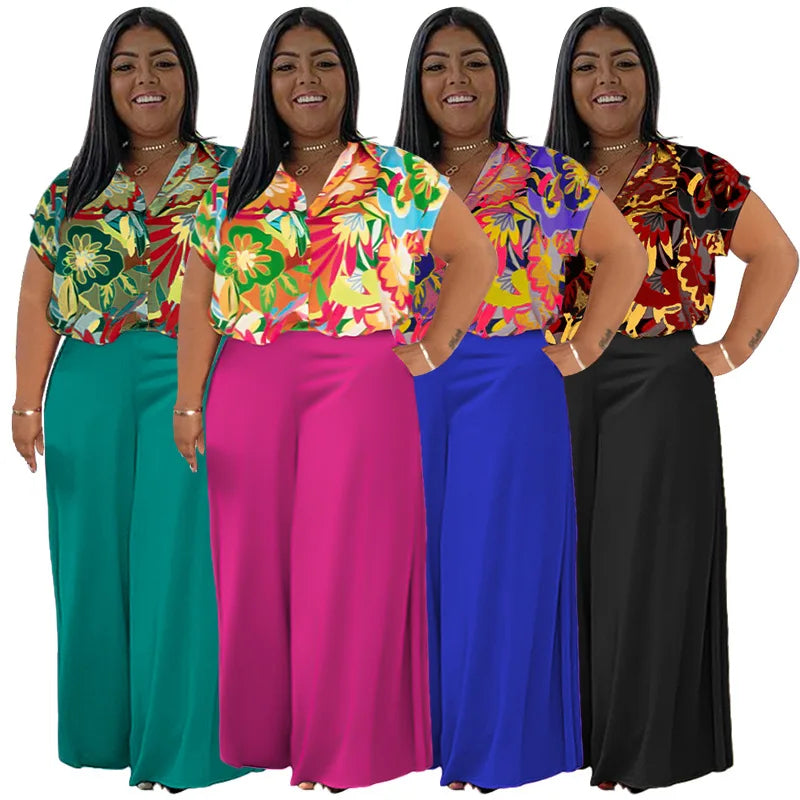 Wmstar Plus Size Two Piece Sets Women Clothing Printed T-shirts Tops and Solid Pants Wide Leg Pockets Wholesale Dropshopping