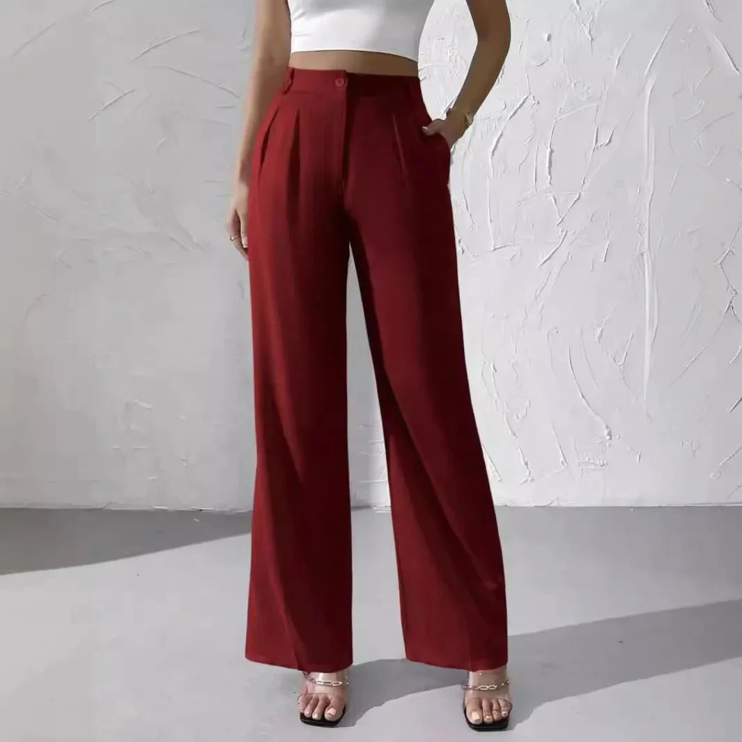 Elegant Pure Color Draped Wide Leg Suit Pants for Women High Waist Long Trousers Fashionable Business Casual Loose Fit