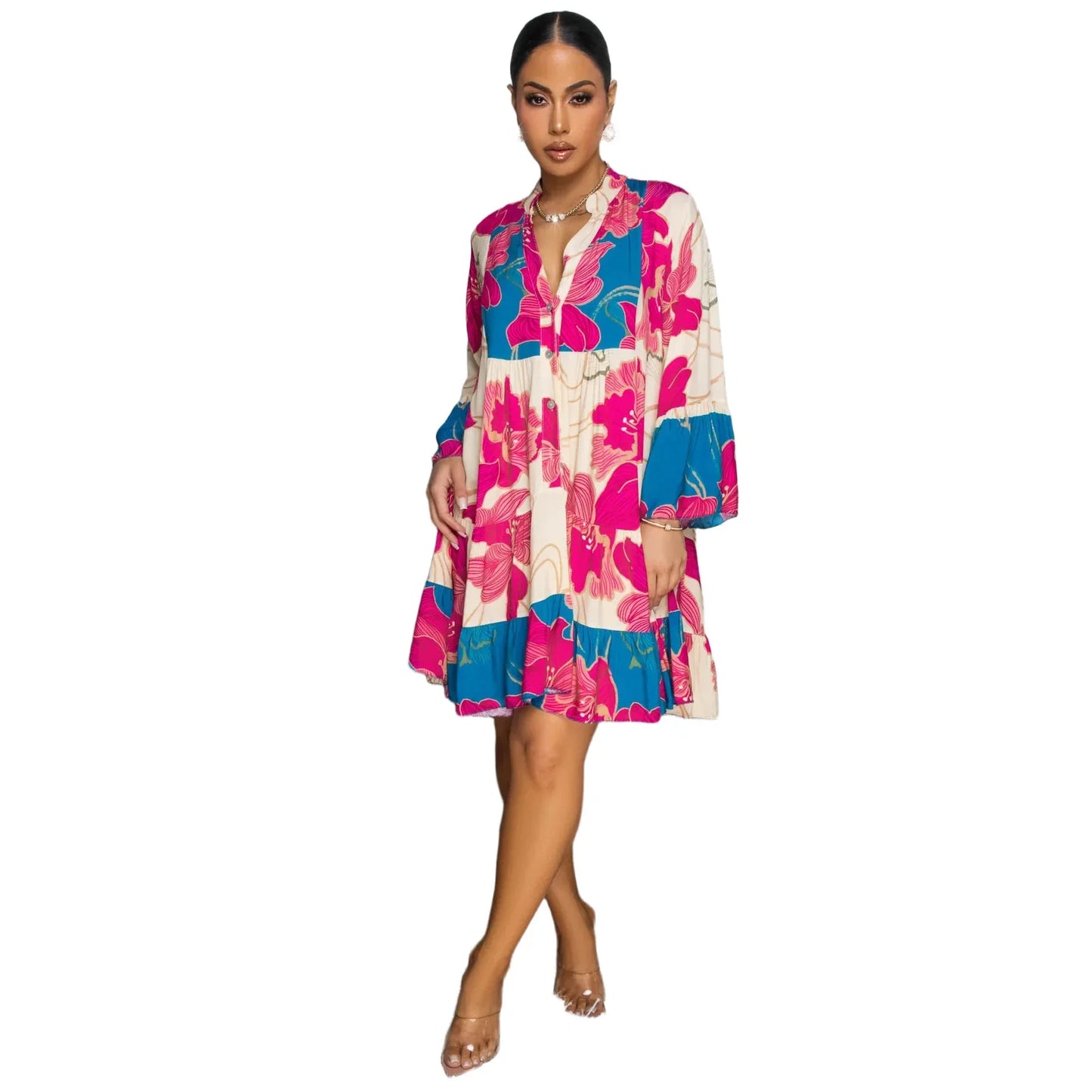 Dashiki African Dresses for Women Summer Elegant African Long Sleeve V-neck Printing Party Evening Dress Outfits Ankara Dresses