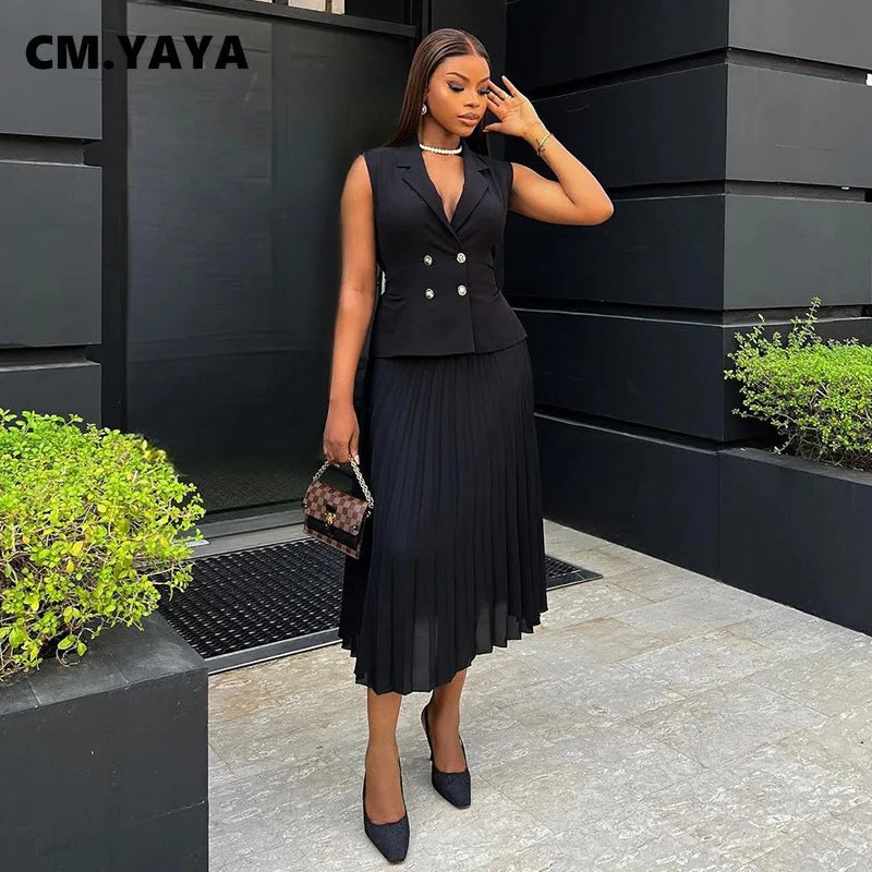 CM.YAYA Street OL Work Women's Set Sleeveless Vest Tops and Pleated Skirts Suit 2024 Summer INS Two 2 Piece Set Outfit Tracksuit