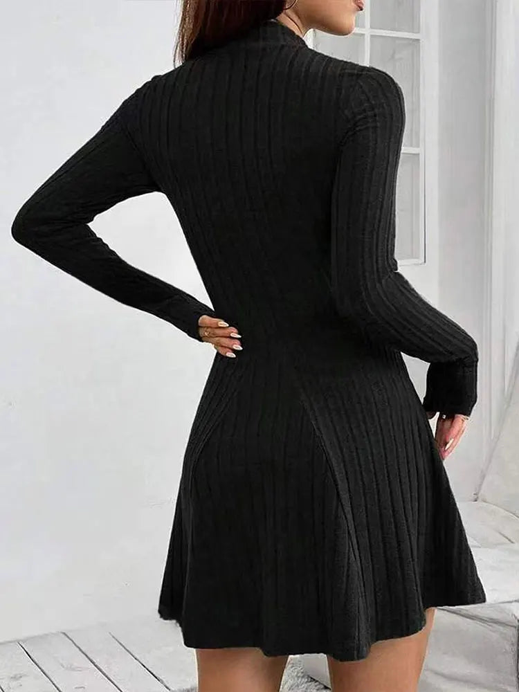 Spring Sexy Women's A-Line Dresses Fashion New Club Party Half High Collar Long Sleeves Black Dress Female Casual Slim Dresses