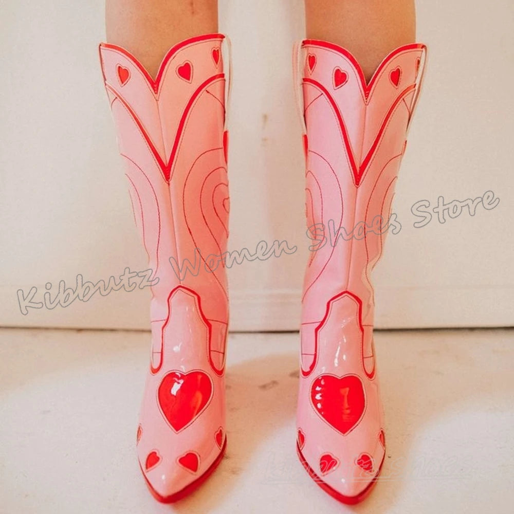 Hearts Cowboy Knee High Boots Slip-On Fashion Novelty Sexy Elegant Concise Novelty Leather Women Shoes Pointy Chunky Heels New